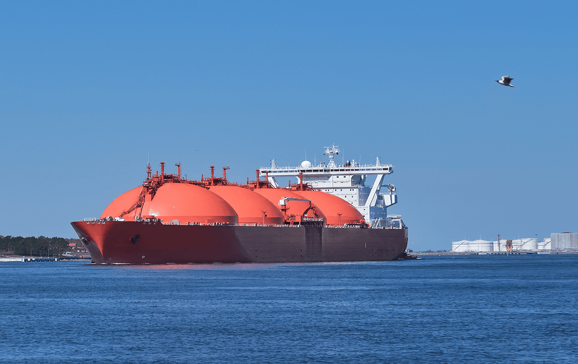 LNG carrier with orange spherical tanks at sea