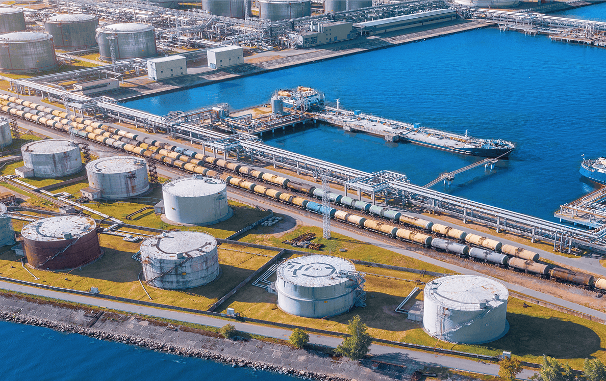 Aerial view of oil storage tanks