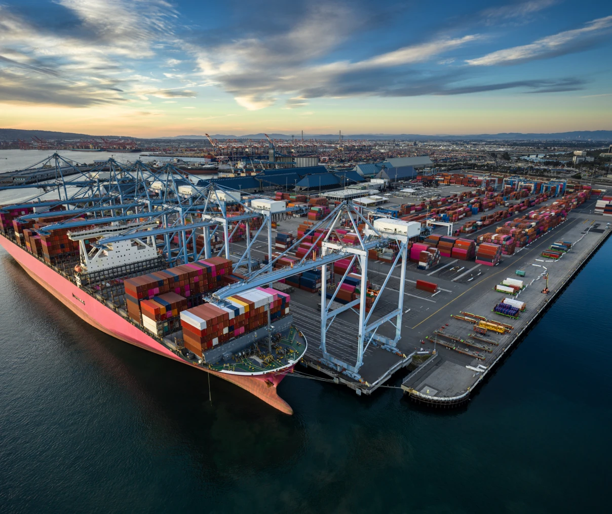 Cargo containers stacked at shipping terminal