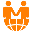 Two figures shaking hands over globe