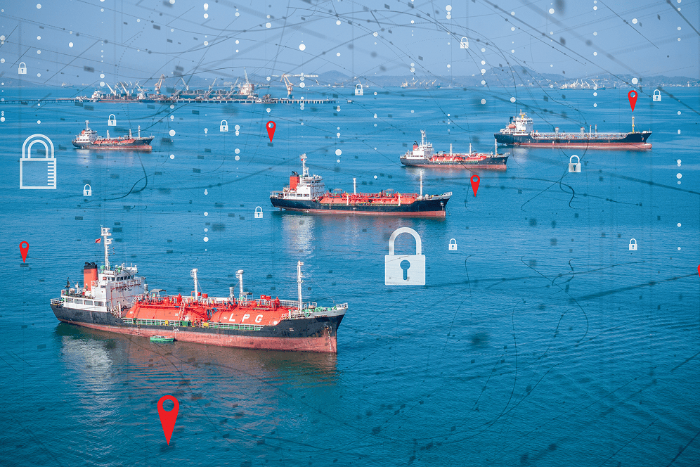 Cargo ships with cybersecurity and tracking icons